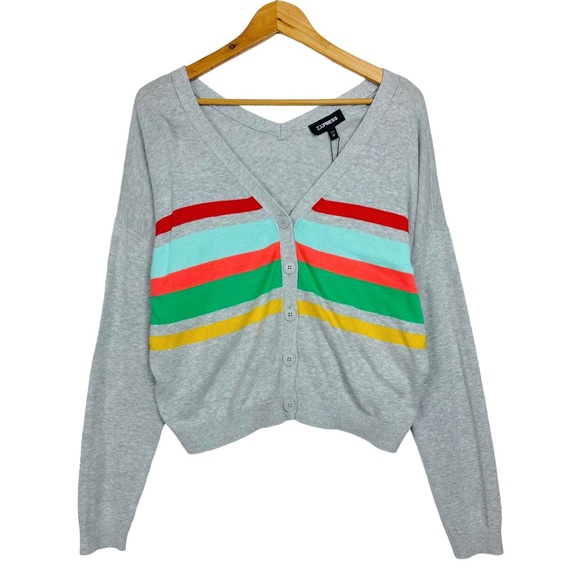 Express Varsity Striped Slouchy V Neck Button Down Rainbow Gray Knit Cardigan - Picture 3 of 11